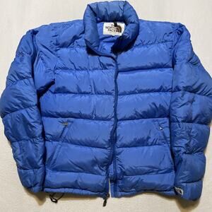 Vintage The North Face Down Jacket puffer 1980's Brown Label Blue Large Coat